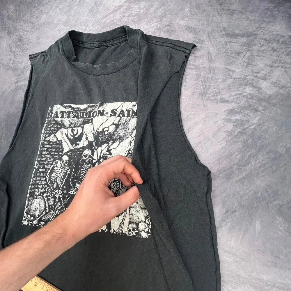 Vintage Battalion of Saints Muscle Tee Black Punk Rock Cutoff Shirt 90s Y2K